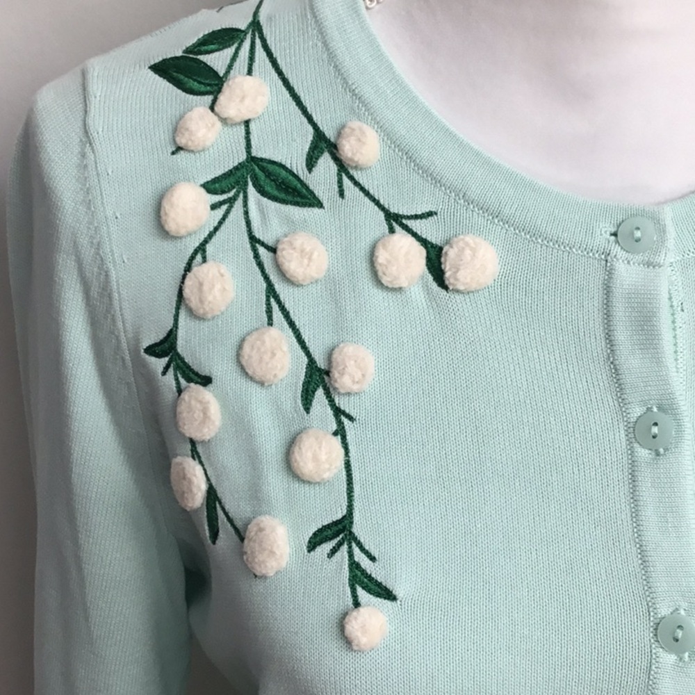 Talbots Mint Green Embroidered Pom-Pom Button Front Cardigan - Picture 3 of 7